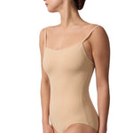 Capezio Cami Leotard in Nude, side view showing smooth fit and ballet leg line