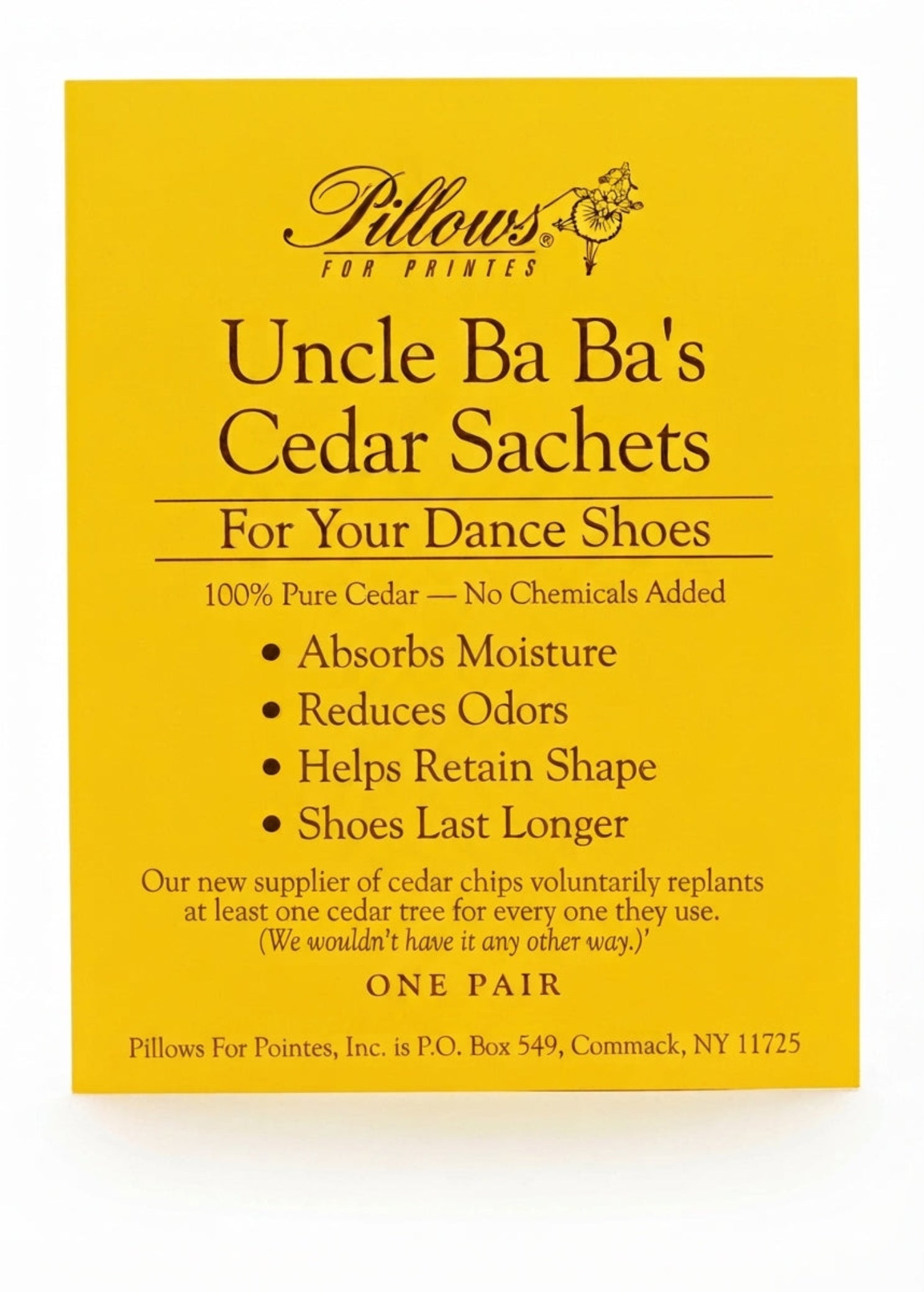 Pillows for Pointes Cedar Chip Sachets, packaging detail view showing label listing cedar and odor-control benefits