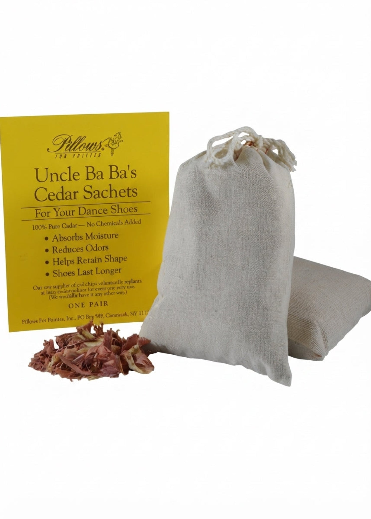 Pillows for Pointes Cedar Chip Sachets, packaging front view showing drawstring bags, cedar chips and insert card