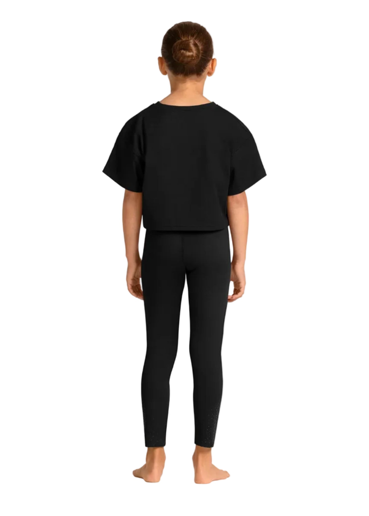 Mirella Cotton Celestia Printed Tee in Black, back view showing plain back and cropped hem