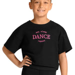 Mirella Cotton Celestia Printed Tee in Black, close up front view showing Eat Sleep Dance Repeat print