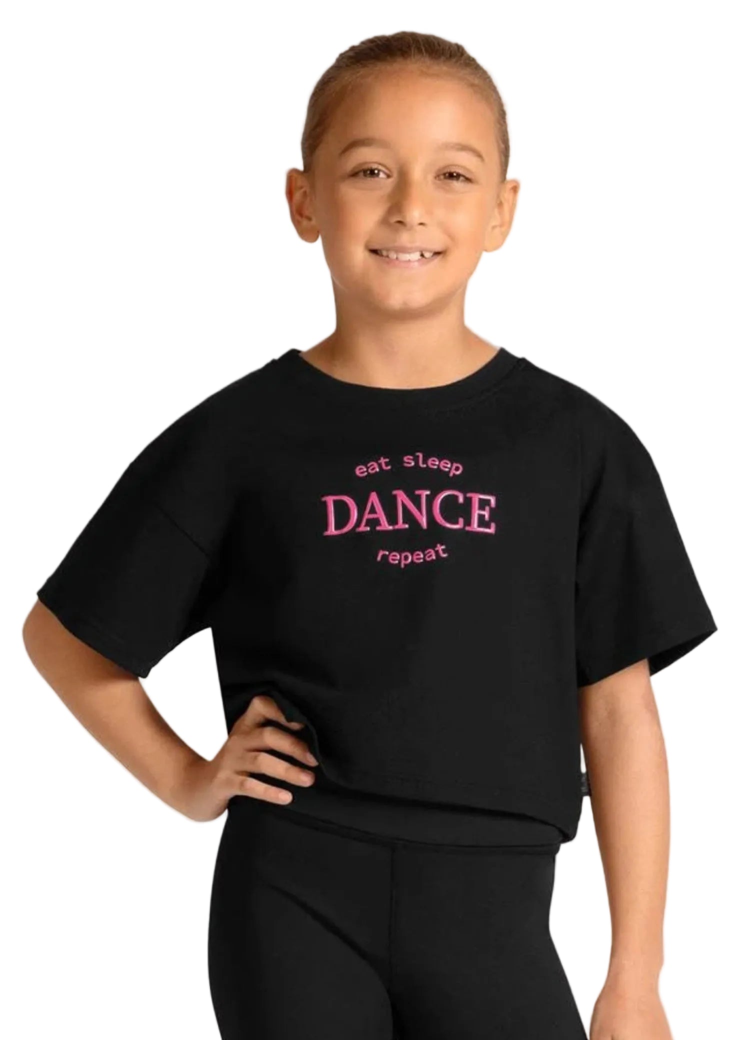 Mirella Cotton Celestia Printed Tee in Black, close up front view showing Eat Sleep Dance Repeat print