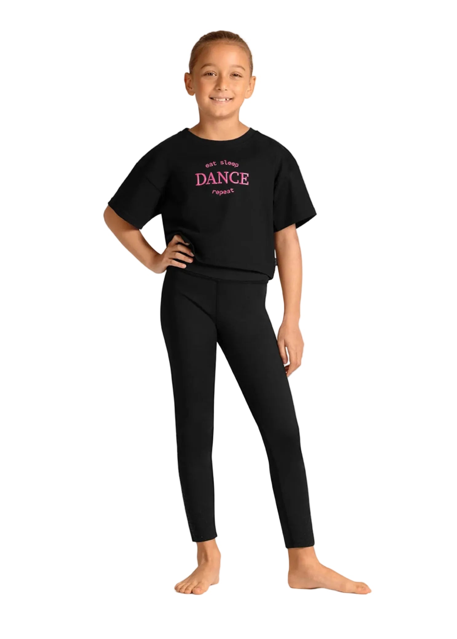 Mirella Cotton Celestia Printed Tee in Black, front view showing relaxed cropped fit and short sleeves
