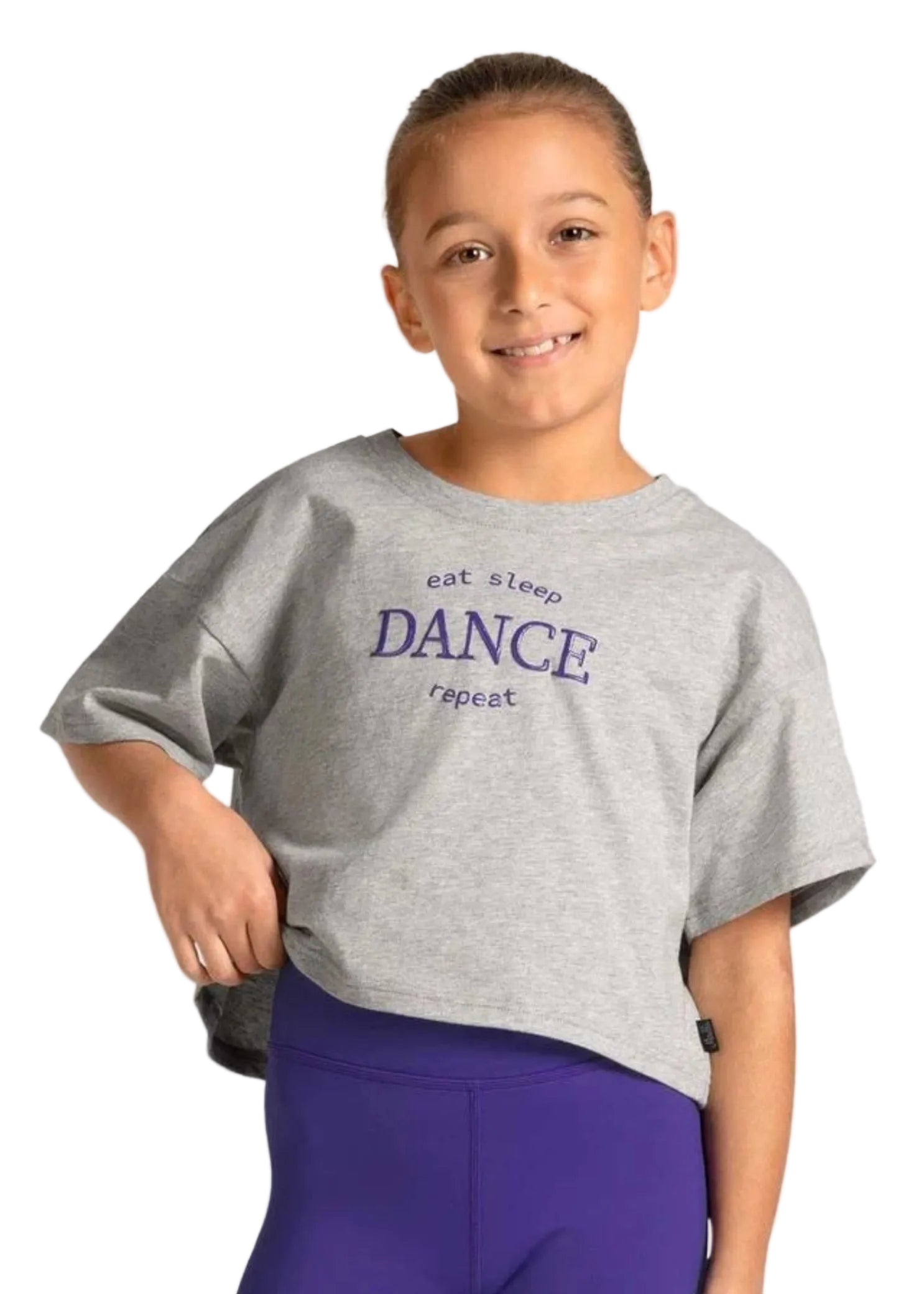 Mirella Cotton Celestia Printed Tee in Snow Marie, close up front view showing Eat Sleep Dance Repeat print