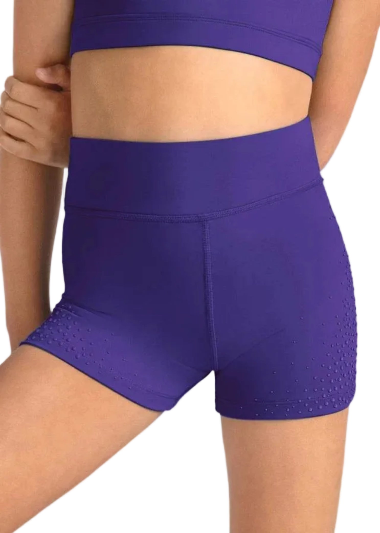 Mirella Celestia Print Short in Violet, detail view showing tonal dot embossed print on high-waist dance short panel