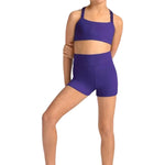 Mirella Celestia Print Short in Violet, front view showing high-waist dance short with tonal dot embossed print panel