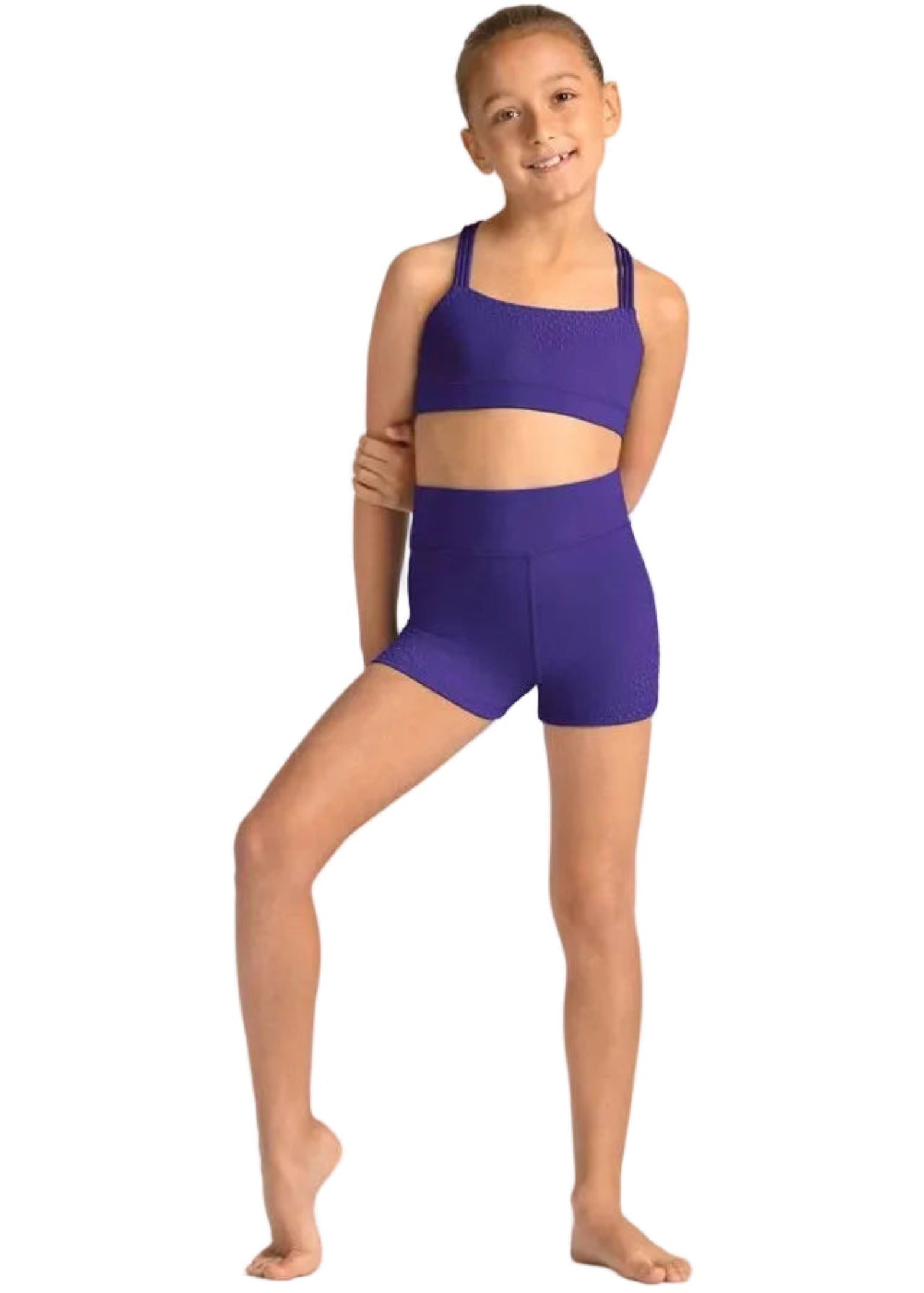 Mirella Celestia Print Short in Violet, front view showing high-waist dance short with tonal dot embossed print panel