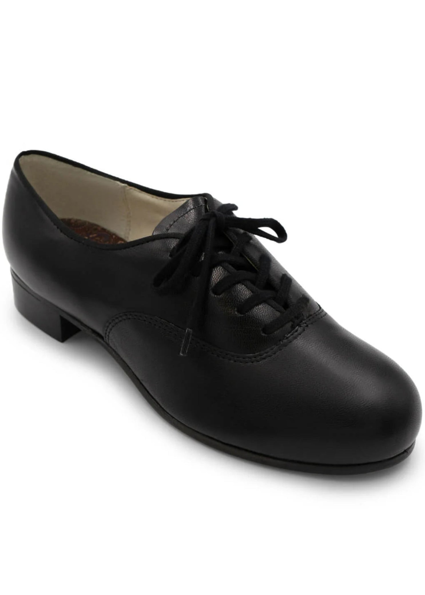 Capezio Character Oxford Tap Shoe in Black, angled lateral side view showing oxford lace-up and tap sole