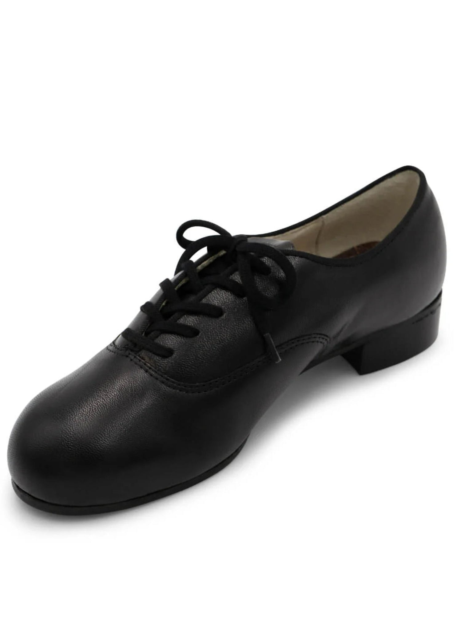 Capezio Character Oxford Tap Shoe in Black, angled medial side view showing leather upper and heel tap