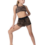 XO Dance Company Cheetah Breezy Flow Short in Cheetah, front view showing drawstring waistband and curved hems
