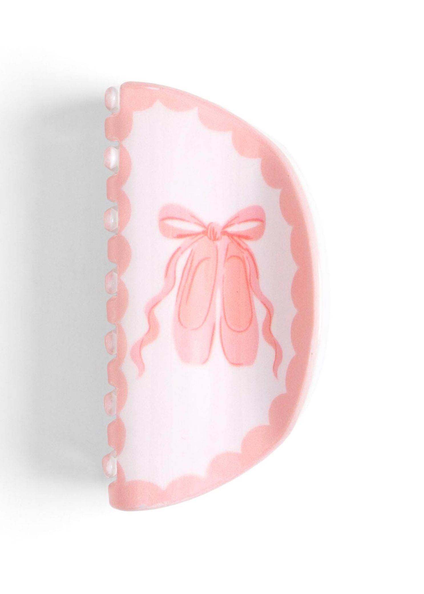 Pippi Post Acrylic Claw Hair Clip Ballet in Pink, close up view showing ballet slippers and scalloped border