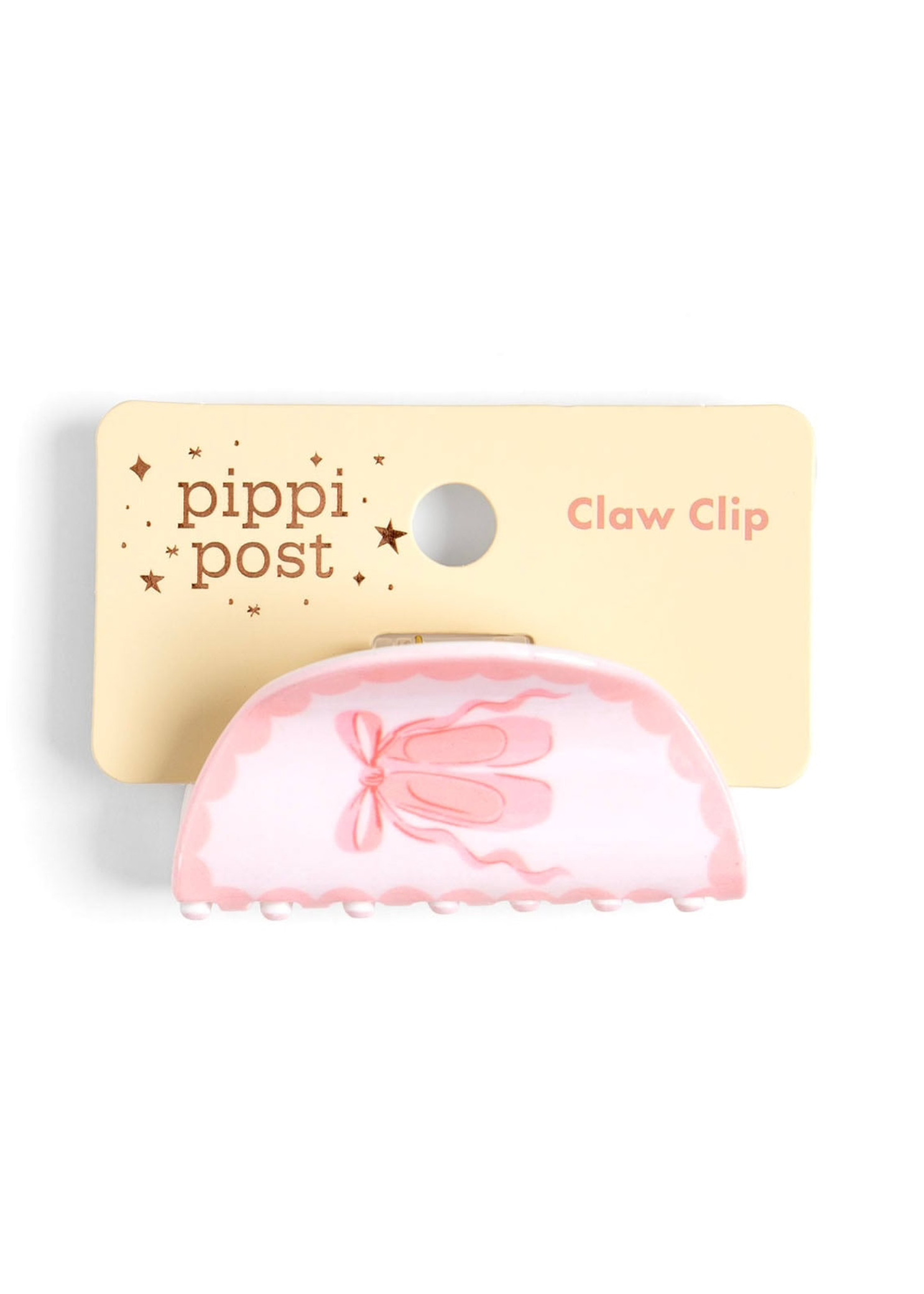 Pippi Post Acrylic Claw Hair Clip Ballet in Pink, packaging view showing ballet slippers on backer card