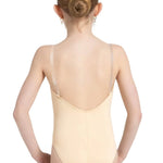 Capezio Clear Straps Cami Leotard in Nude, back view showing clear straps and low scoop back