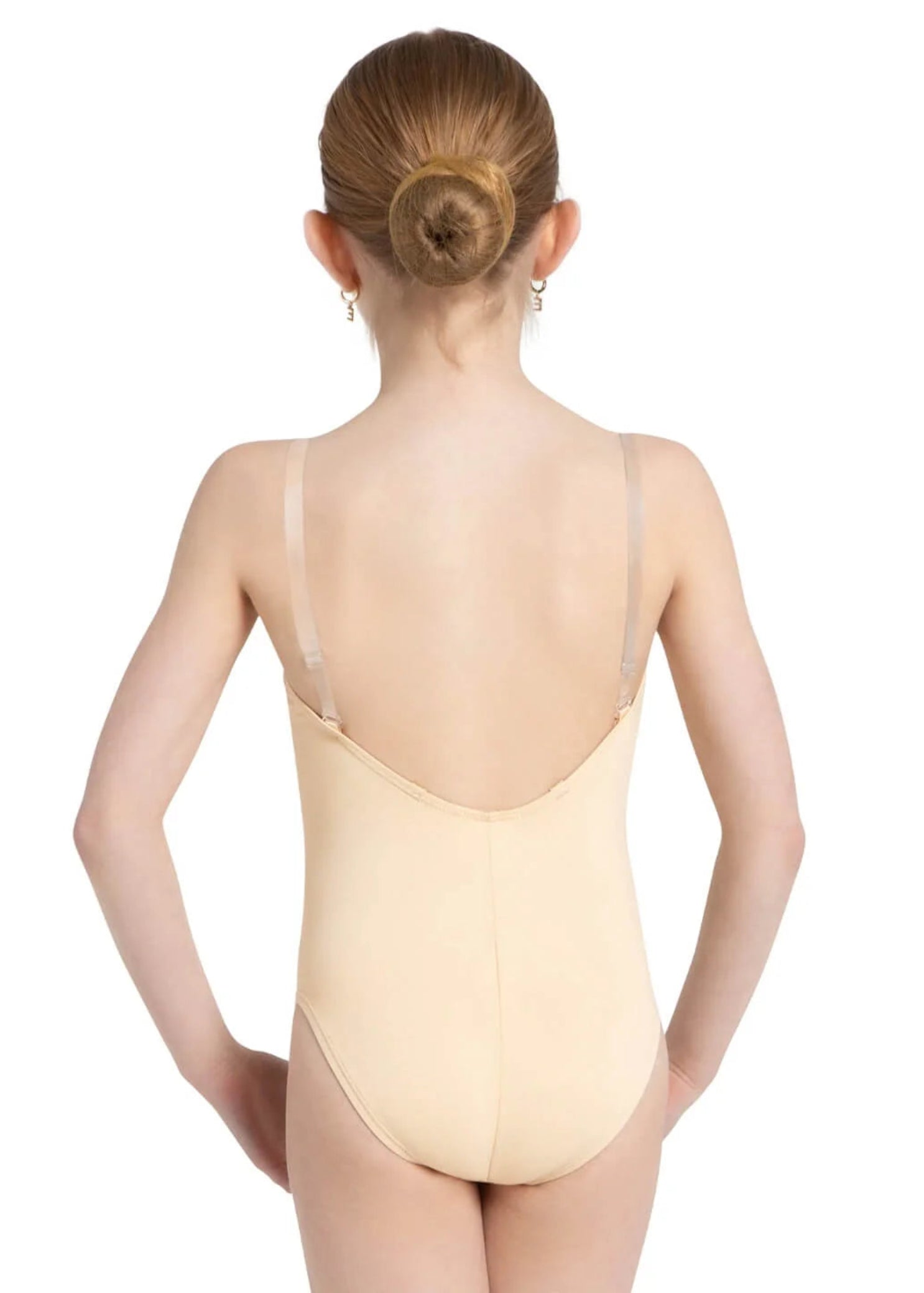Capezio Clear Straps Cami Leotard in Nude, back view showing clear straps and low scoop back