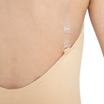 Capezio Clear Straps Cami Leotard in Nude, detail view showing clear strap attachment and fabric finish