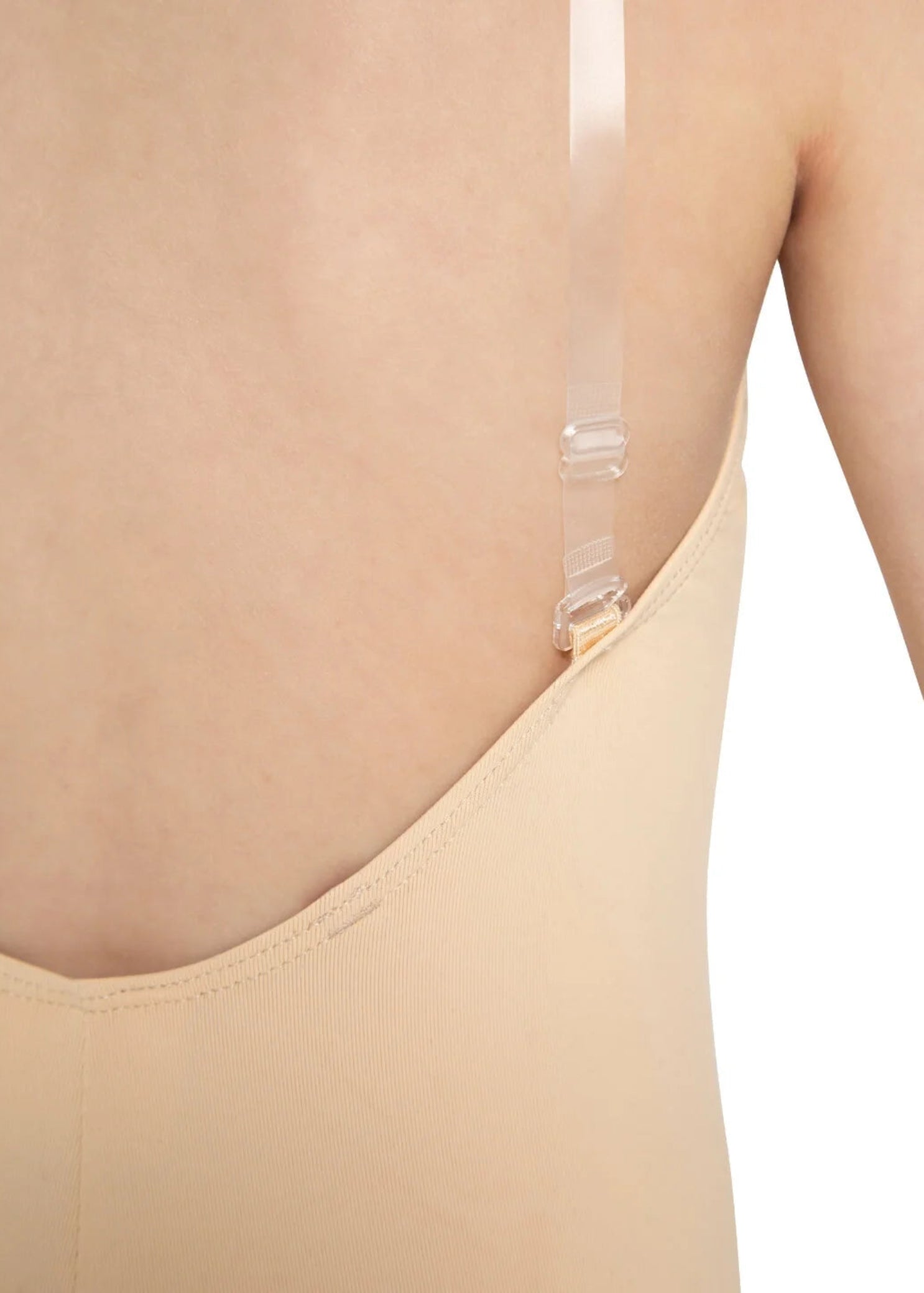 Capezio Clear Straps Cami Leotard in Nude, detail view showing clear strap attachment and fabric finish