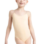 Capezio Clear Straps Cami Leotard in Nude, front view showing clear shoulder straps and scoop neckline