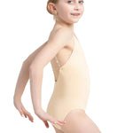 Capezio Clear Straps Cami Leotard in Nude, side view showing clear strap profile and fitted body
