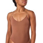Capezio Clear Straps Cami Leotard in S60, front view showing scoop neckline and adjustable clear straps