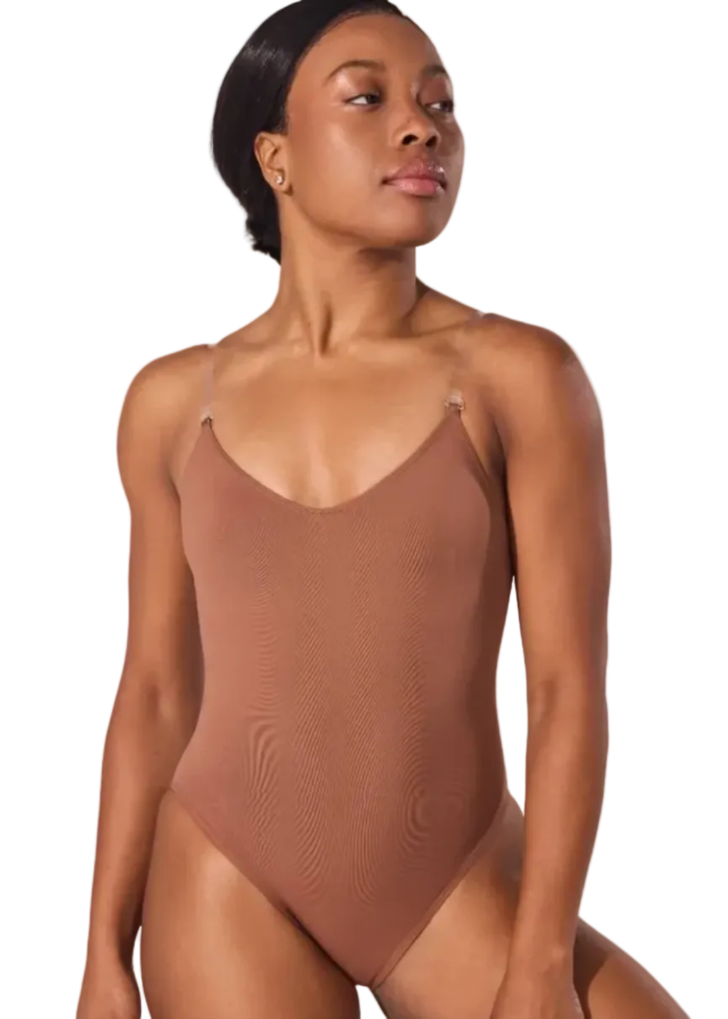 Capezio Clear Straps Cami Leotard in S60, front view showing scoop neckline and adjustable clear straps