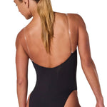 Capezio Clear Straps Cami Leotard in Black, back view showing clear straps and low scoop back