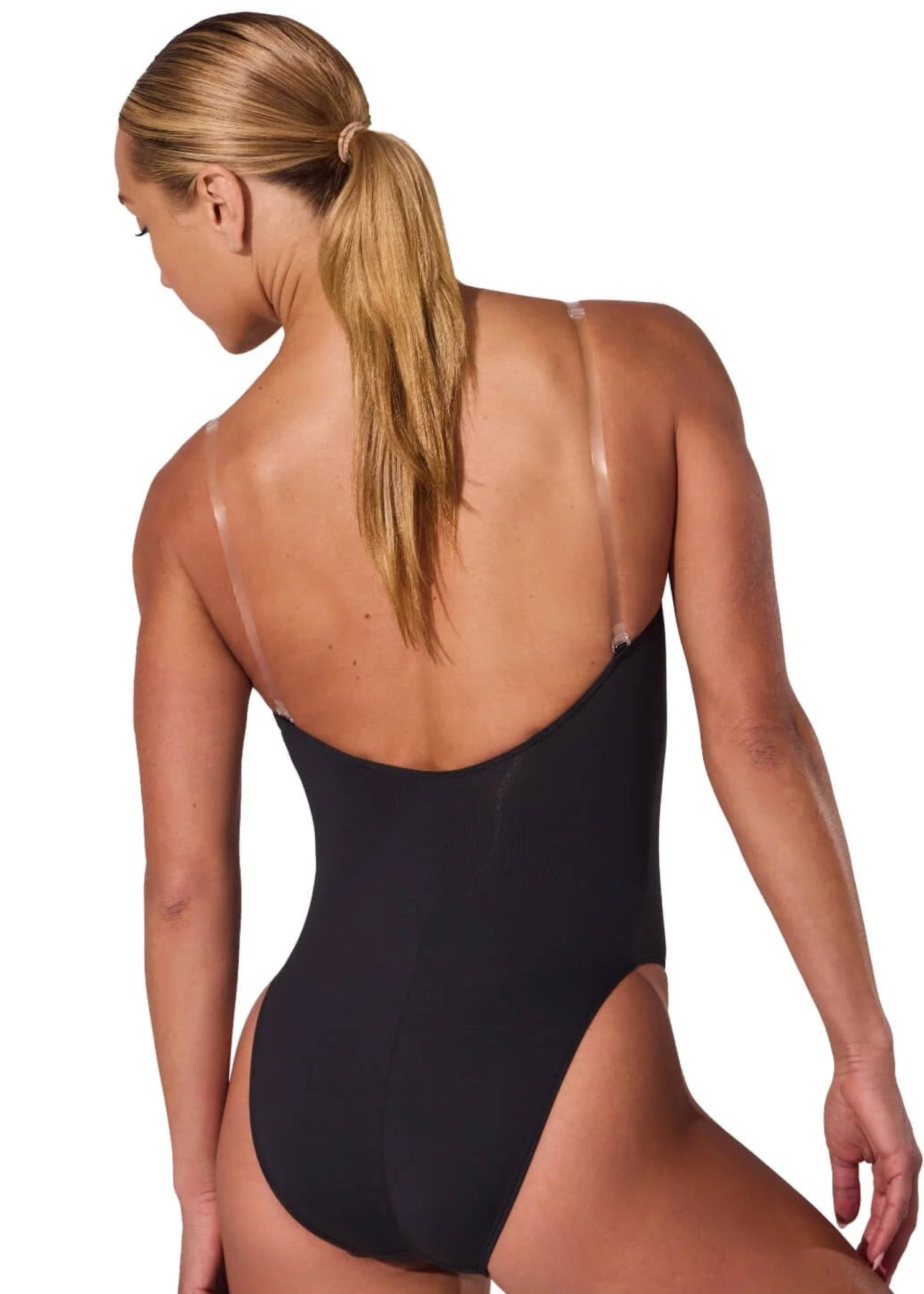 Capezio Clear Straps Cami Leotard in Black, back view showing clear straps and low scoop back