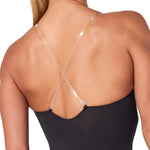 Capezio Clear Straps Cami Leotard in Black, detail view showing clear strap construction and fabric finish
