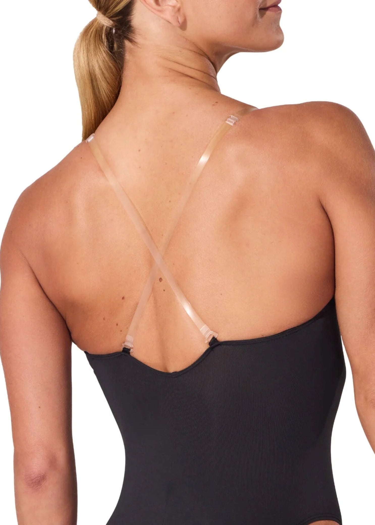 Capezio Clear Straps Cami Leotard in Black, detail view showing clear strap construction and fabric finish