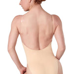 Capezio Clear Straps Cami Leotard in Nude, back view showing clear straps and low scoop back