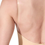 Capezio Clear Straps Cami Leotard in Nude, detail view showing clear strap construction and fabric finish
