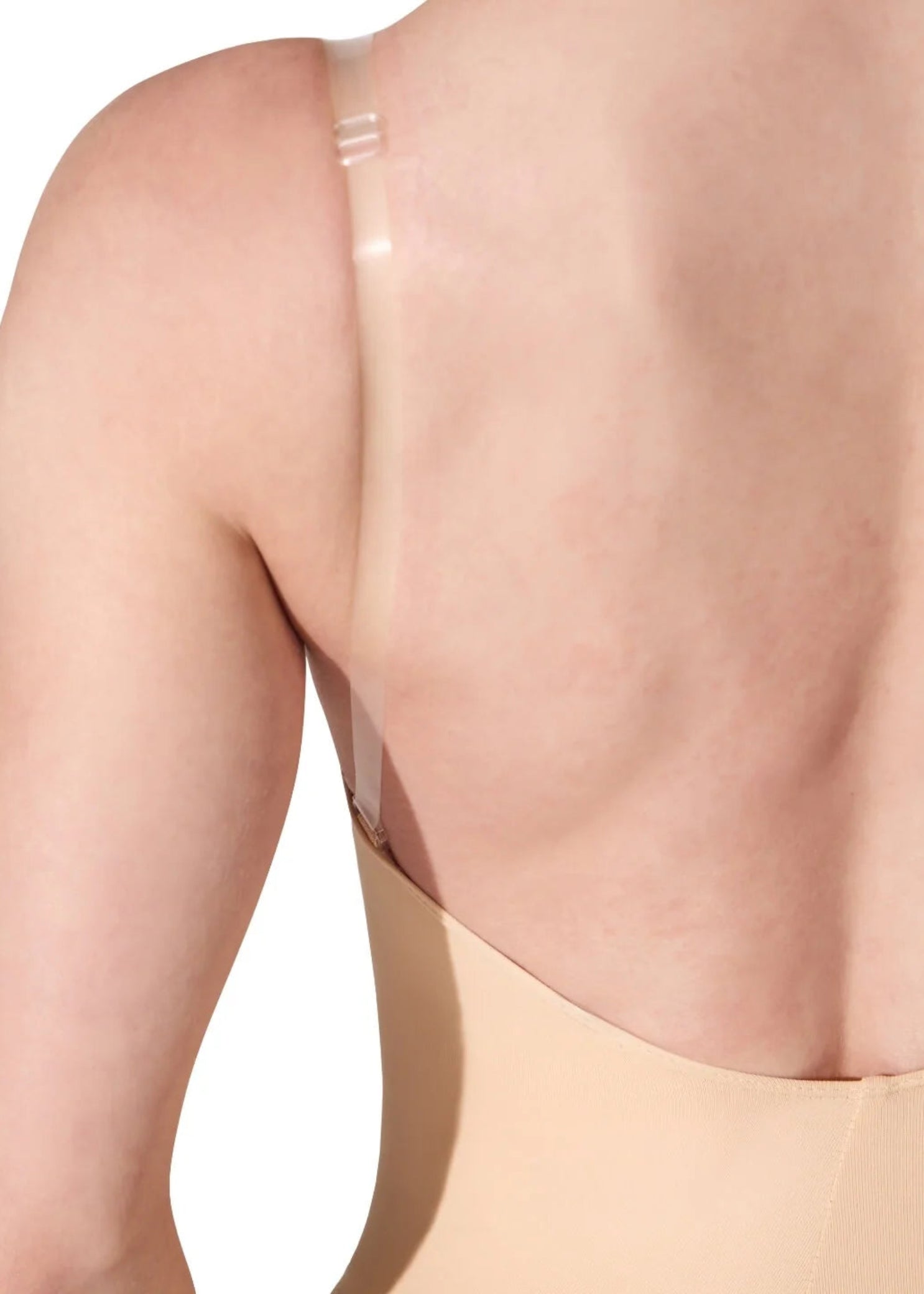 Capezio Clear Straps Cami Leotard in Nude, detail view showing clear strap construction and fabric finish