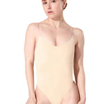 Capezio Clear Straps Cami Leotard in Nude, front view showing clear shoulder straps and scoop neckline