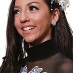 FH2 Clip Clear Cluster Earrings in Crystal, lifestyle view showing clear rhinestone cluster earrings on model