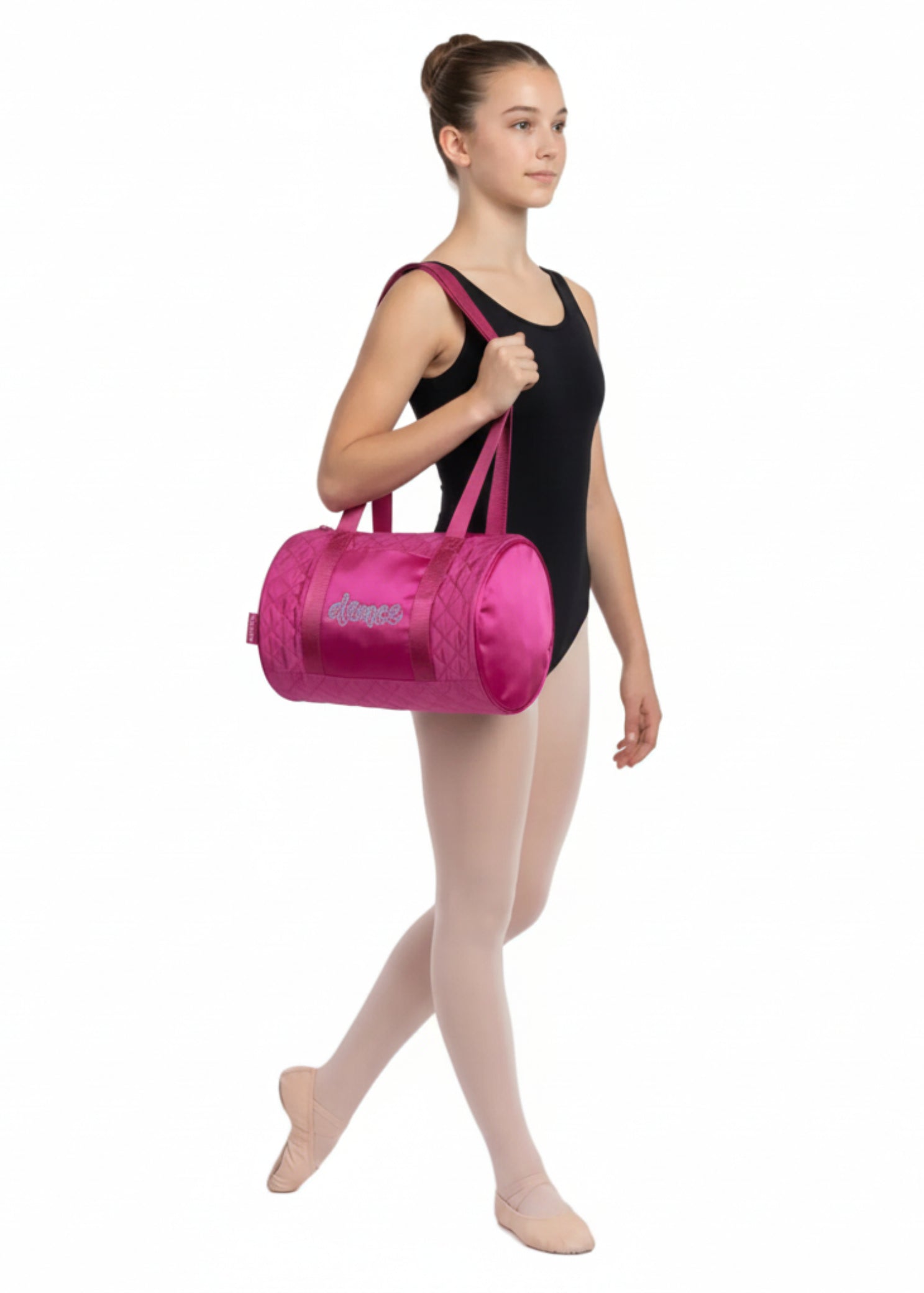 Horizon Designs Coco Duffel in Pink, lifestyle view showing diamond quilt texture and sequin dance lettering
