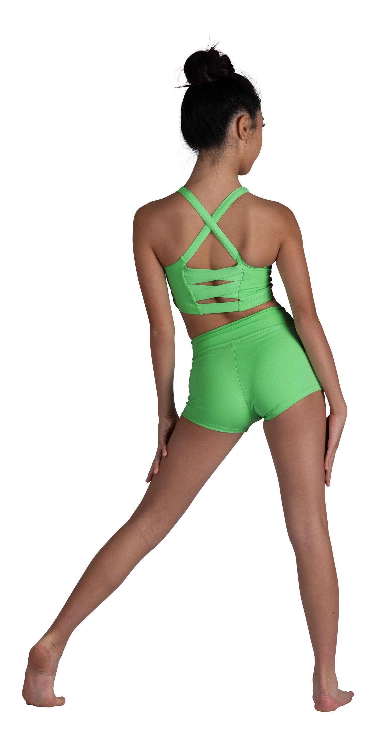 Color Block Halter Top Luminous Green/Neon Pink back view