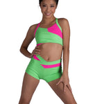 Color Block Halter Top Luminous Green/Neon Pink front view