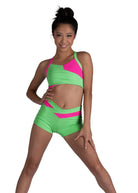 Color Block Halter Top Luminous Green/Neon Pink front view