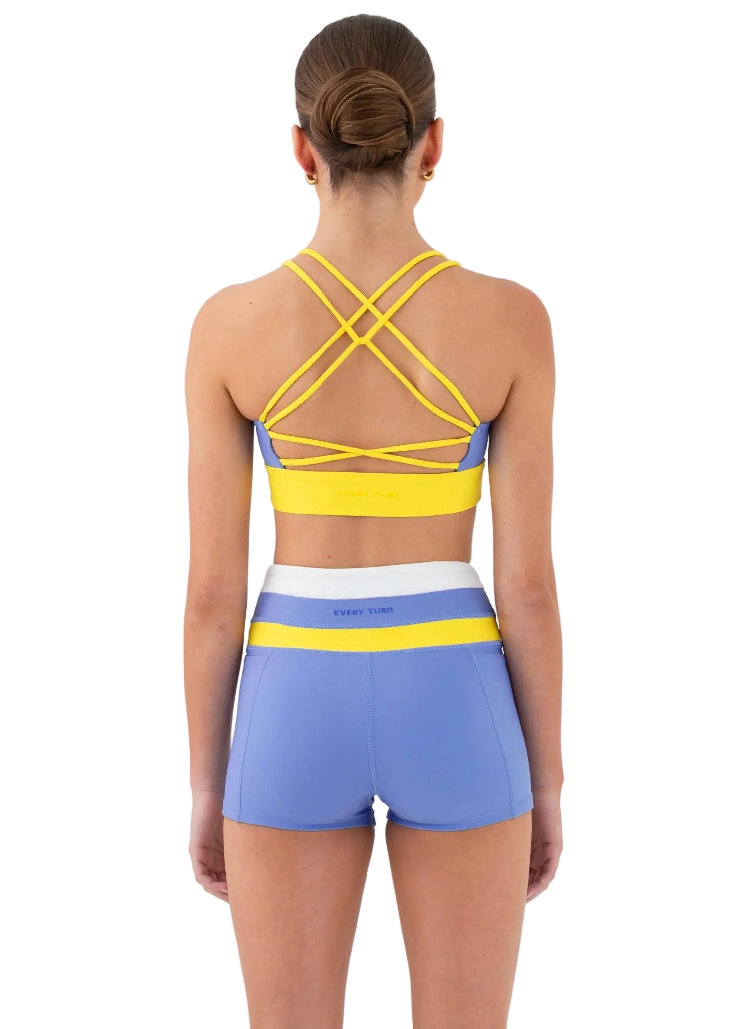 Every Turn Confidence Crop Top in Periwinkle & Sunflower, back view showing crisscross straps and open cutout