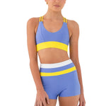 Every Turn Confidence Crop Top in Periwinkle & Sunflower, front view showing dual straps and contrast hem band