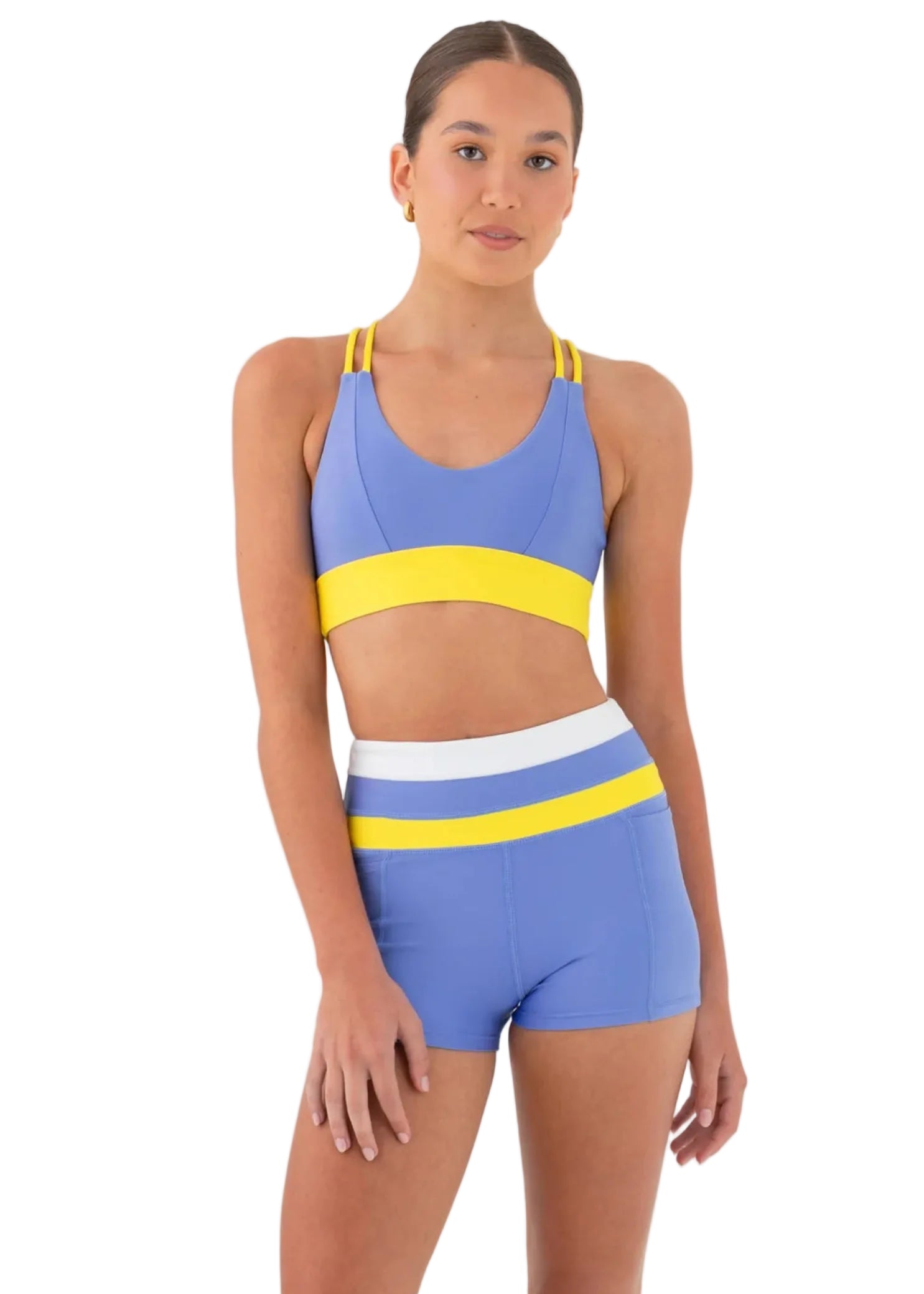 Every Turn Confidence Crop Top in Periwinkle & Sunflower, front view showing dual straps and contrast hem band