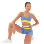 Every Turn Confidence Crop Top in Periwinkle & Sunflower, lifestyle view showing dual straps and color-block panels