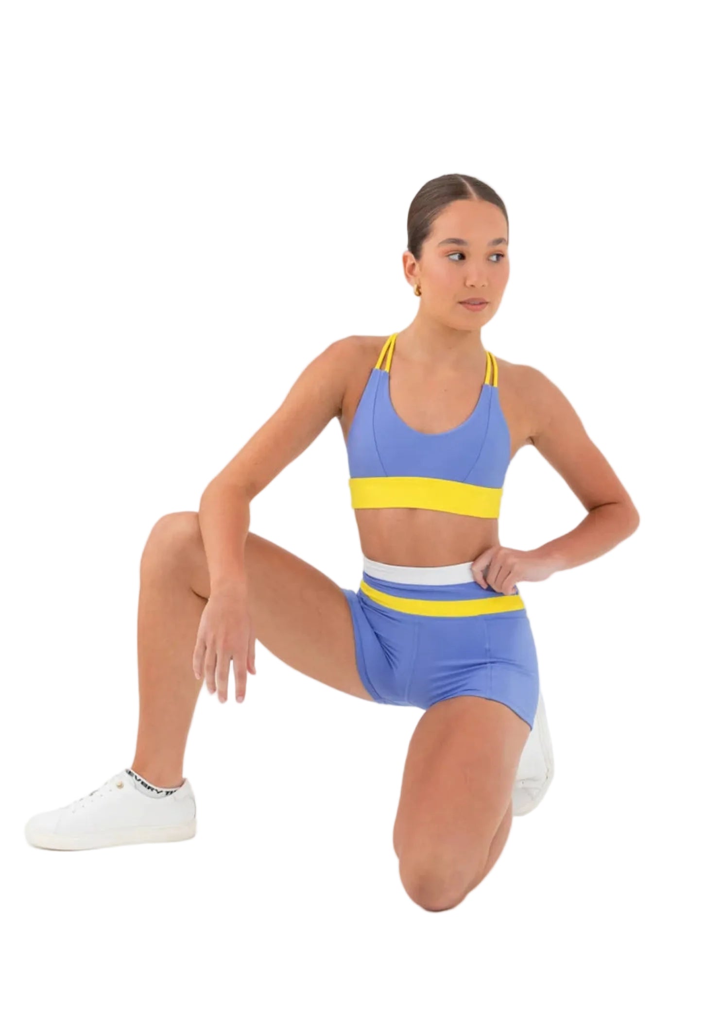 Every Turn Confidence Crop Top in Periwinkle & Sunflower, lifestyle view showing dual straps and color-block panels