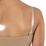 Energetiks ProForm EcoLite Convertible Bra in Wheat, back detail view showing clear strap attachment and stitching