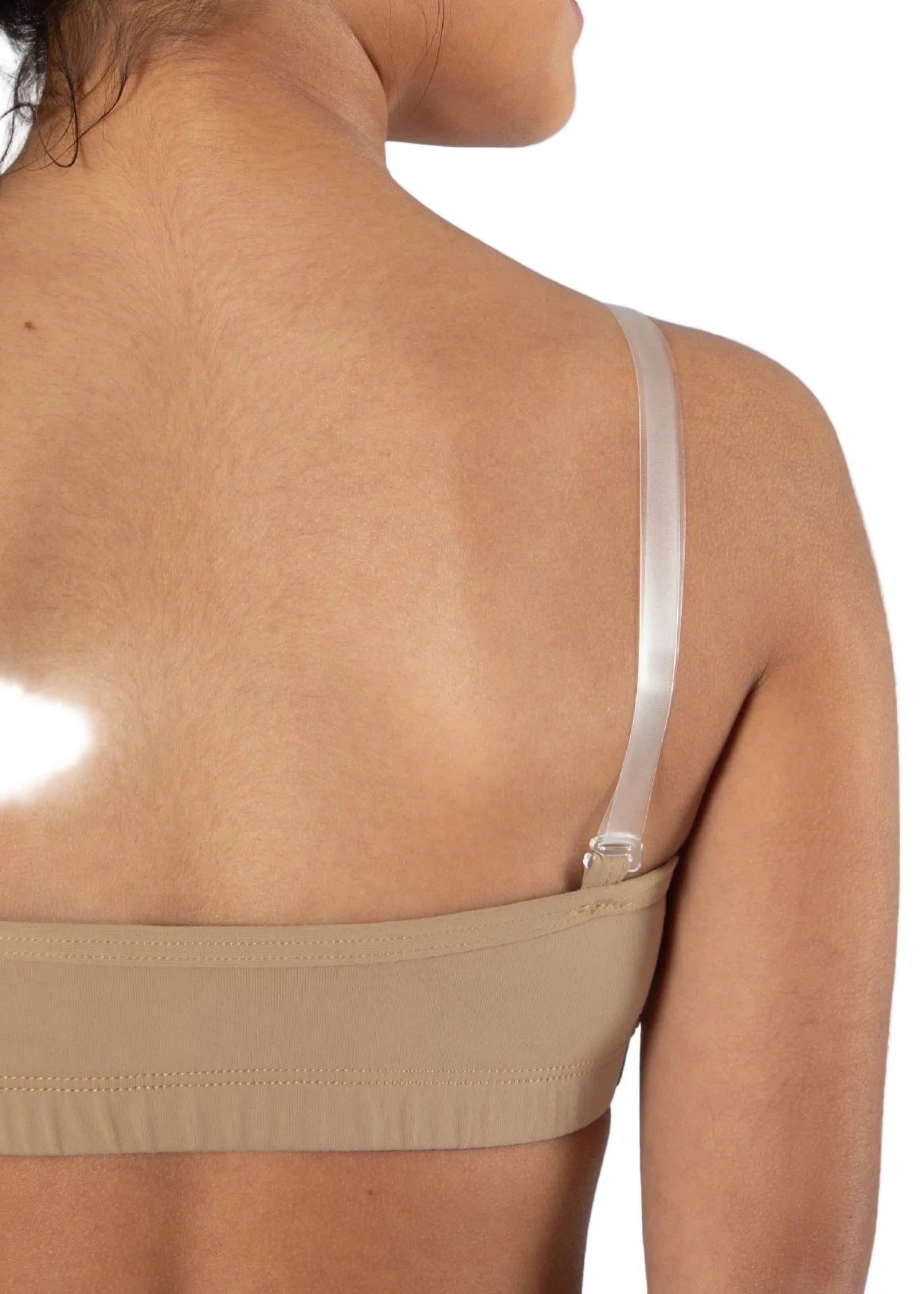 Energetiks ProForm EcoLite Convertible Bra in Wheat, back detail view showing clear strap attachment and stitching