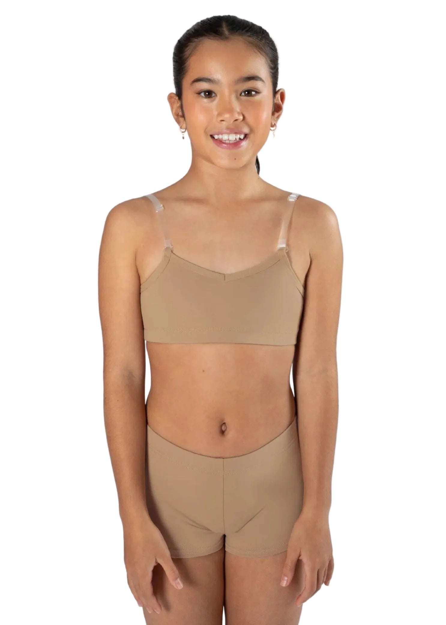 Energetiks ProForm EcoLite Convertible Bra in Wheat, back view showing clear straps and straight back band