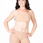 Body Wrappers Nylon Convertible Halter Cami Bra in Nude, front view showing scoop neckline and clear straps