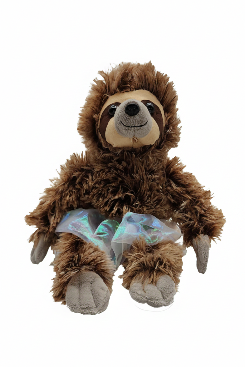 9-inch plush sloth with soft fabric and shimmery tutu