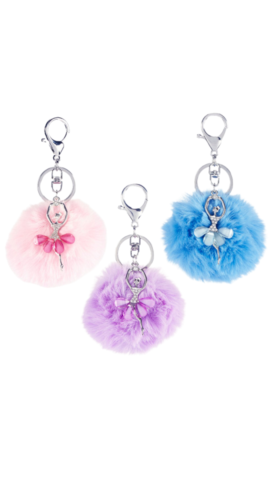 Pink, Purple, Blue, keychain with jeweled ballerina charm and matching pouf ball