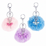 Pink, Purple, Blue, keychain with jeweled ballerina charm and matching pouf ball