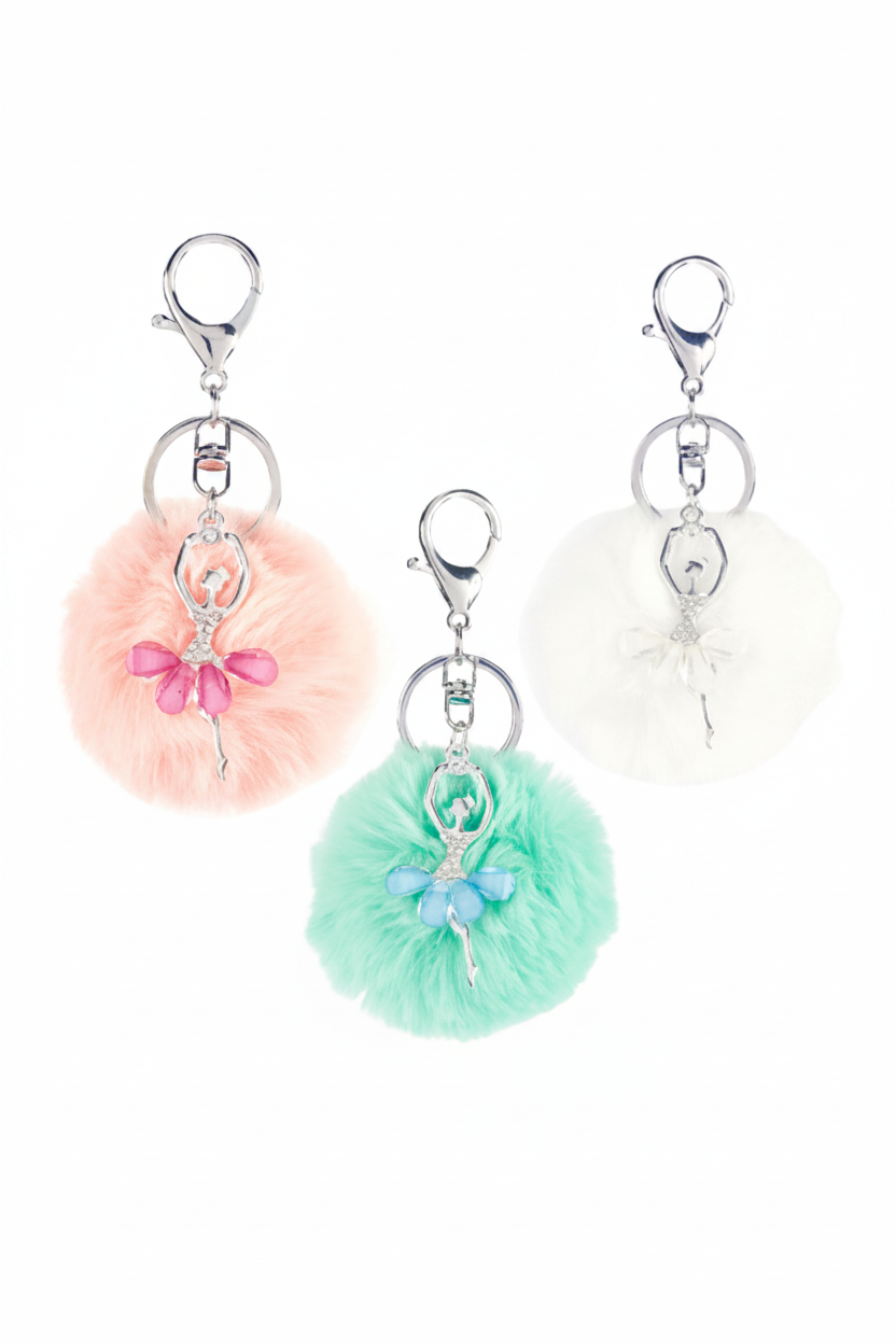 European Pink, Green, White, keychain with jeweled ballerina charm and matching pouf ball